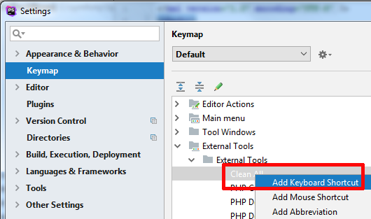 phpStorm clean all keymap