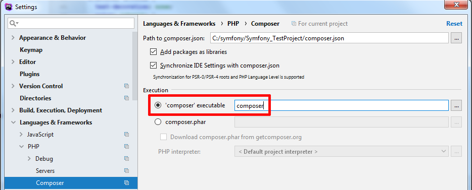 phpStorm composer configuration