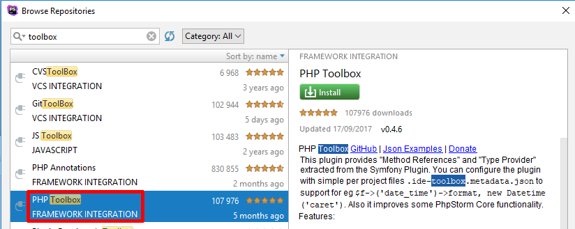 phpStorm symfony toolbox plugin install